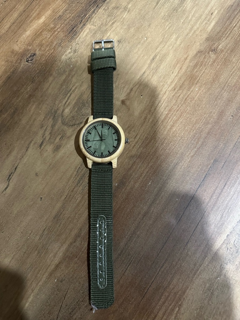 Bamboo minimalist watch, barely worn. Olive green nylon strap.